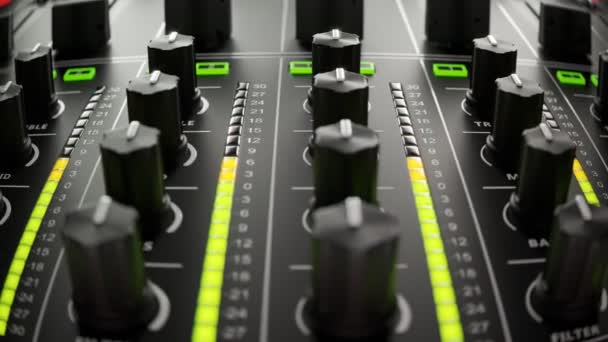 Mixer Visar Ljudnivåer Olika Kanaler Med Uppsättning Ljusa Gröna Orange — Stockvideo