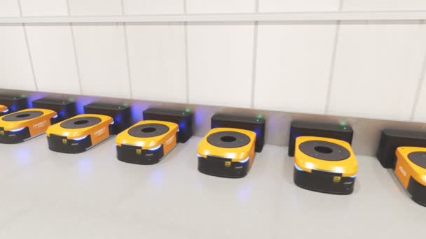 倉庫業界の自律ロボットとのアニメーションは ドッキングステーションで充電した後 作業を開始します 自動無人貨物輸送システム コンピュータ調整された効率的なロジスティックプロセス — ストック動画