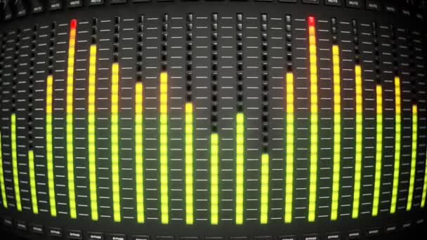 カラフルな緑 オレンジ 赤色のLedライトは スタジオミキサーの音量レベルを示しています 明るい光る効果 無限のシームレスなループアニメーションにおけるサウンドスペクトルのデジタル表現 — ストック動画