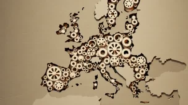 欧洲联盟的地图是用旋转的木制齿轮绘制的 钟表机械开动中 工业建筑 政治家和经济合作的象征 最适合教育目的 — 图库视频影像