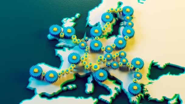 欧洲联盟用旋转塑料齿轮绘制的地图 钟表机械开动中 工业建筑 政治家和经济合作的象征 最适合教育目的 — 图库视频影像