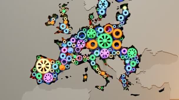 Kaart Van Europese Unie Gemaakt Met Draaiend Plastic Vistuig Clockwork — Stockvideo