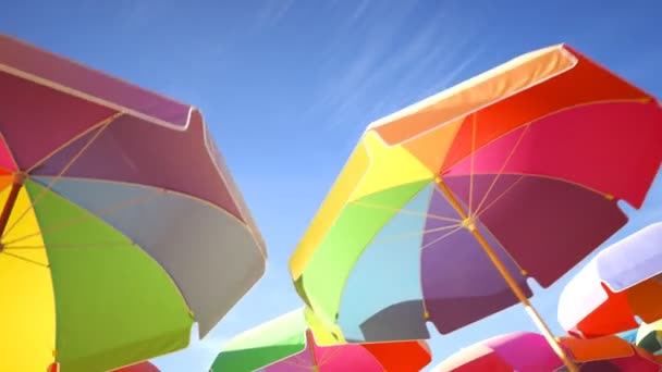 Bunte Regenbogenfarbene Sonnenschirme Oder Sonnenschirme Gegen Blauen Himmel Nahtlose Looping — Stockvideo