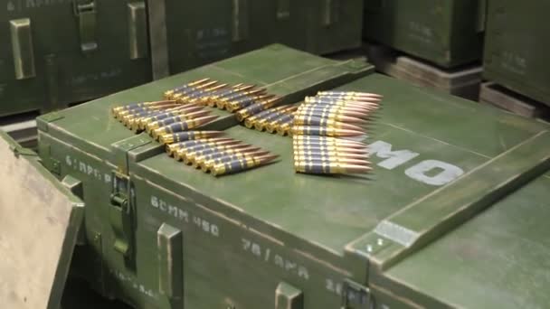 Vergrößerungsanimation Die Gewehrmunition Und Einen Stapel Militärboxen Zeigt Eine Riesige — Stockvideo
