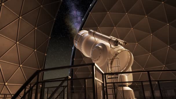 Современный Белый Телескоп Вращается Внутри Купола Обсерватории Отслеживает Красивое Звездное — стоковое видео