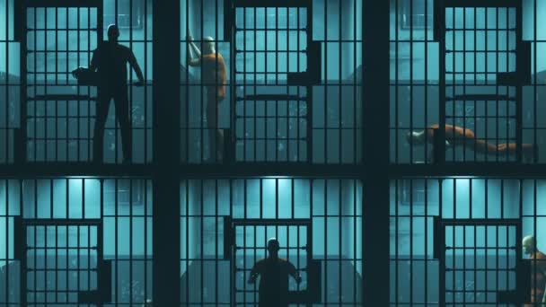 Tek Kişilik Karanlık Hapishane Hücreleriyle Animasyon Demir Parmaklıklar Arkasında Yakalanan — Stok video