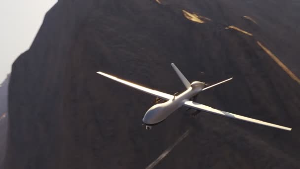 Uzbrojony Wojskowy Dron Drapieżników Latający Nad Pustynią Górami Szpiegujący Zapewniający — Wideo stockowe