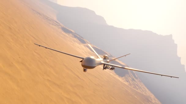 Drone Depredador Armado Militar Volando Sobre Desierto Las Montañas Espiando — Vídeo de stock