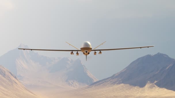 Drone Depredador Armado Militar Volando Sobre Desierto Las Montañas Espiando — Vídeo de stock