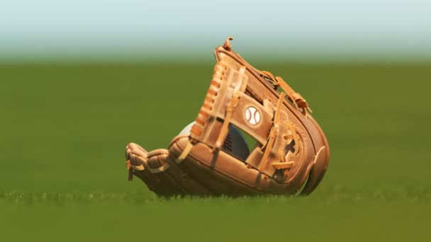 Piękna Profesjonalna Skórzana Rękawica Baseballowa Piłką Leżącą Zielonej Świeżo Ściętej — Wideo stockowe