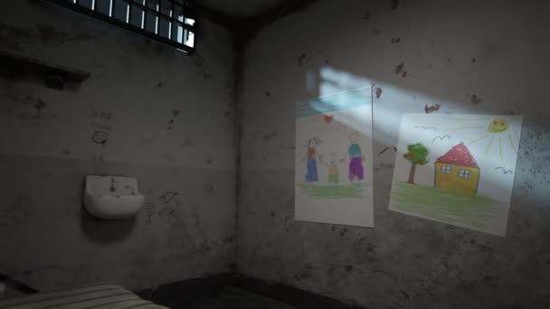 Ucieczka Więzienia Grunge Zamknął Celę Dziurą Ścianie Ukrytą Rysunkiem Więzień — Wideo stockowe