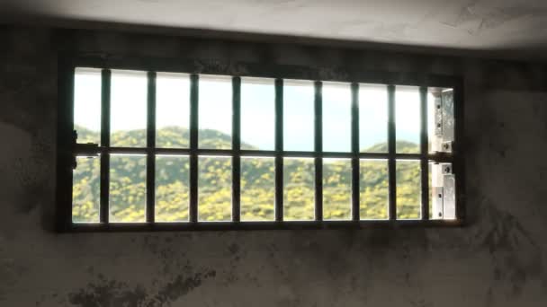 Animace Starých Zamčených Vězeňských Cel Krásnou Svěží Zelenou Krajinou Zamřížovaným — Stock video
