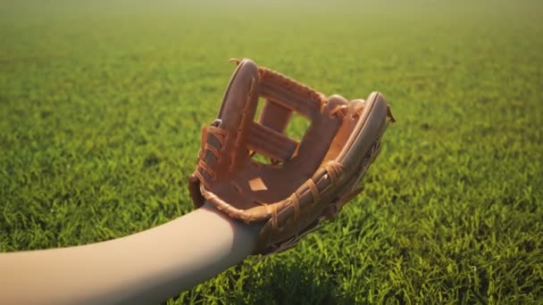体育场草地背景上动态的棒球接球 史诗般的慢镜头球飞向手套 最后一个完美的英雄捕捉 阳光明媚的一天 在新修剪的体育场草地上 — 图库视频影像