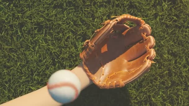 Динамічне Виловлення Бейсболу Фоні Трави Стадіону Епічний Повільний Рух Яча — стокове відео