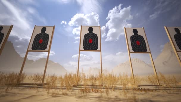 Schießstand Der Wüste Mit Zieldurchlöchern Durch Kugeln Trainingsübungen Oder Wettkämpfe — Stockvideo