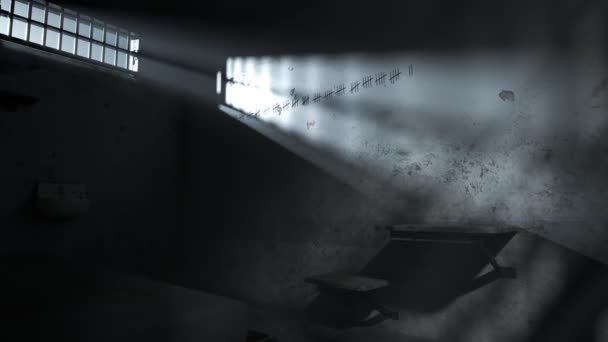 被锁住的旧牢笼的时间 光束在墙上的计数标记上闪烁 一个专门关押最危险罪犯的街区每一行人都代表入狱一天 — 图库视频影像