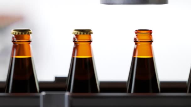 Glazen Flessen Met Vloeistof Binnenin Bewegen Geleidelijk Een Fabriek Pijpleiding — Stockvideo