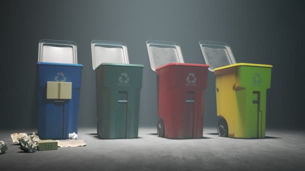 Время Виды Мусора Приближаются Цветным Пластиковым Лоткам Логотипом Переработки Передней — стоковое видео