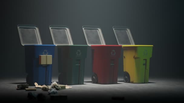 Timelapse Wszelkiego Rodzaju Śmieci Zbliża Się Kolorowych Plastikowych Koszy Śmieci — Wideo stockowe