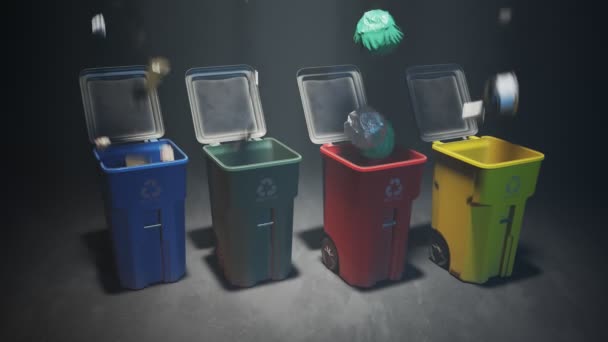Animação Com Todo Tipo Lixo Caindo Para Caixas Lixo Coloridas — Vídeo de Stock