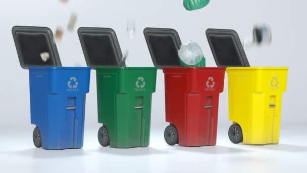 Animation All Kind Garbage Falling Colorful Plastic Trash Bins Recycle — Stock Video