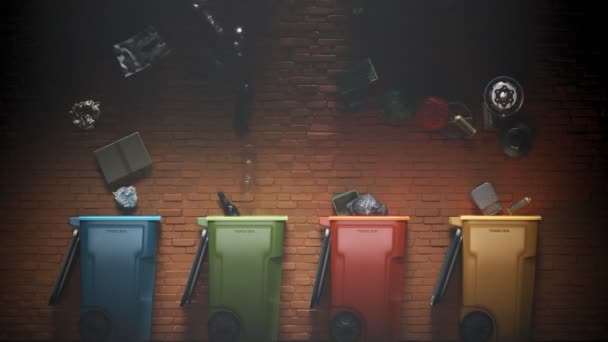 Временной Промежуток Мусор Падает Разноцветные Пластиковые Урны Рядом Стеной Символ — стоковое видео
