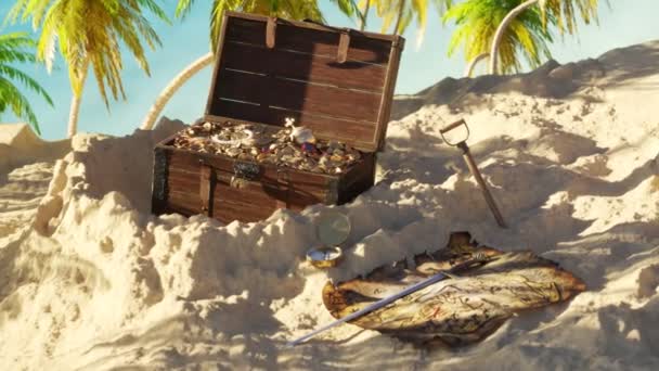 Oude Versleten Handgemaakte Schatkaart Tropisch Strandzand Bij Opgraving Schat Kist — Stockvideo