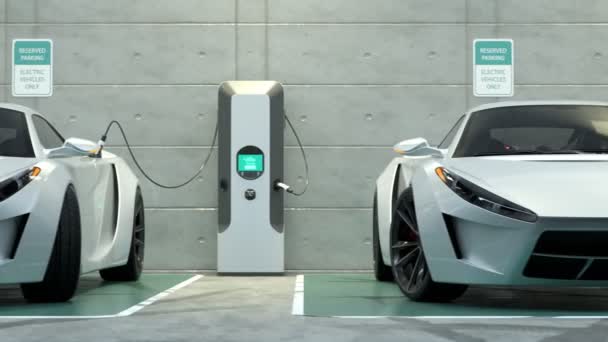 Animatie Van Elektrische Auto Aangesloten Het Laadstation Parkeerplaats Voertuigen Die — Stockvideo