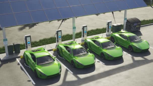 Animace Elektromobilů Napojených Nabíjecí Stanici Parkovišti Vozidla Využívající Obnovitelnou Energii — Stock video