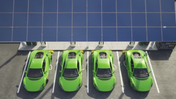 Otoparktaki Şarj Istasyonuna Bağlı Elektrikli Arabaların Animasyonu Araçlar Pillerini Şarj — Stok video