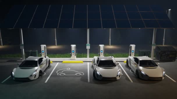 在停车场上连接充电站的电动车的动画 使用可再生能源为电池充电的车辆 提供电力的电源 经济运输 — 图库视频影像