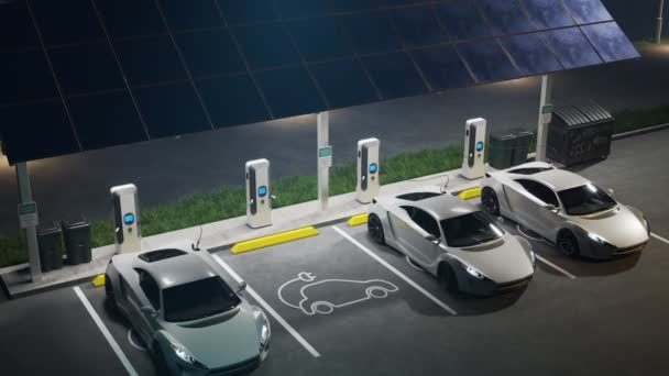 Animation Electric Cars Connected Charging Station Parking Vehicles Using Renewable — Stock Video