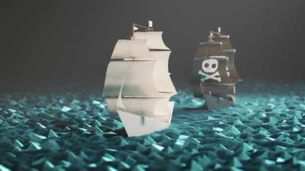 Navio Pirata Papel Minúsculo Doce Perseguindo Branco Mar Ciano Artificial — Vídeo de Stock