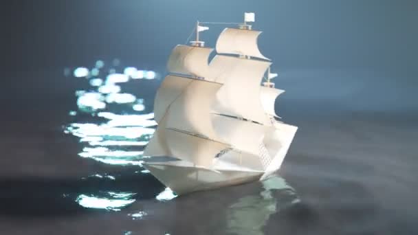 小さな白い紙船が大きな海の波に乗って航行し 夜間に水面の下でゆっくりと沈みます 破壊的な自然の力 失敗したビジネスを象徴する圧倒的なパワー — ストック動画