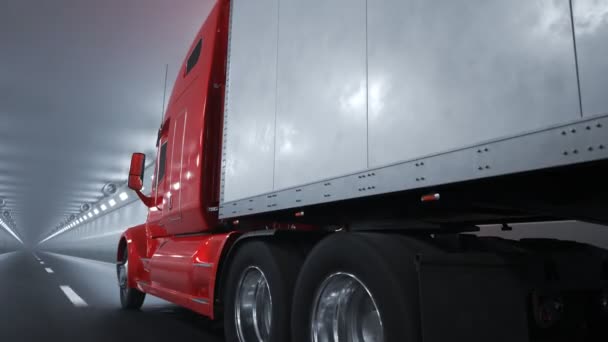 Semi Caminhão Vermelho Com Reboque Dirigindo Rápido Através Túnel Embaçado — Vídeo de Stock