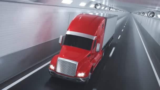 Semirimorchio Rosso Con Rimorchio Che Attraversa Velocemente Tunnel Sfocato Automobile — Video Stock