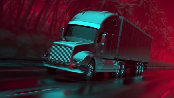 Semi Camion Con Rimorchio Guida Verso Città Animazione Loop Stilizzata — Video Stock