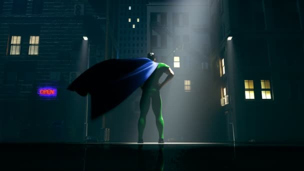 Superhéroe Pie Calle Noche Brumosa Personaje Dibujos Animados Pose Machista — Vídeo de stock