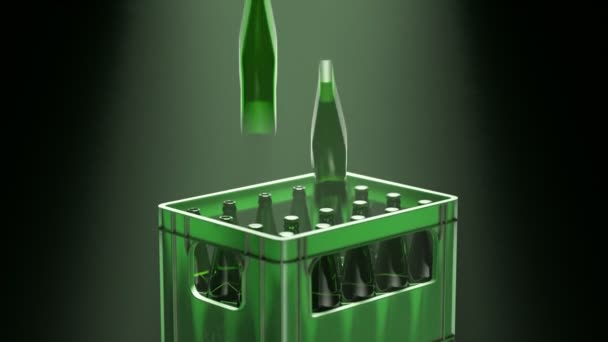Πράσινο Πλαστικό Κιβώτιο Μπύρας Γεμάτο Γυάλινα Μπουκάλια Αναψυκτικών Αδειάζει Σταδιακά — Αρχείο Βίντεο
