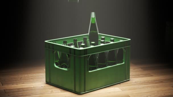 Groene Plastic Bierkrat Vol Glazen Drankflessen Wordt Geleidelijk Geleegd Verse — Stockvideo