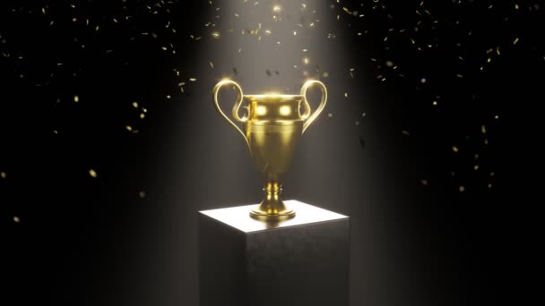 冠军金杯放在一个黑色背景的高台上 金发碧眼的金发女郎在聚光灯下脱颖而出 奖品的概念 — 图库视频影像