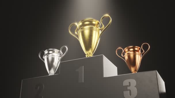 Altın Gümüş Bronz Kupa Kupaları Koyu Arka Planda Bir Podyumda — Stok video