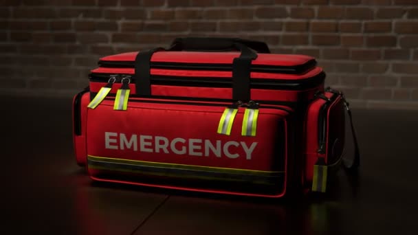 一个专业的红色急救包放在后巷的地板上 靠着砖墙 红色和蓝色的救护车灯闪得很快 遇险情况下的辅助医务人员快速反应 — 图库视频影像