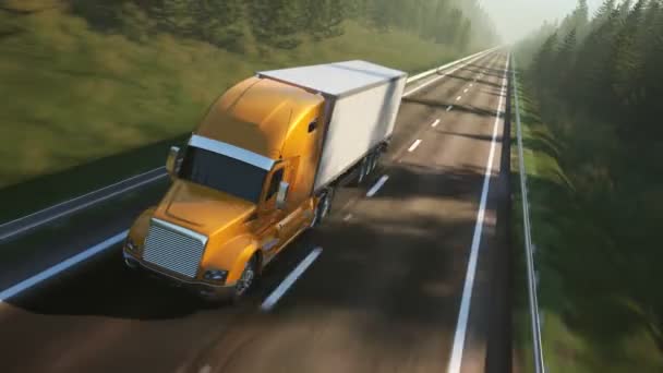 阳光明媚的日子里 一辆装有拖车的半卡车穿过森林 花哨的循环动画 重型汽车在行驶中 物流和运输概念 货物交付 — 图库视频影像