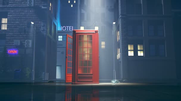 Sisli Bir Gecede Geçmişe Dönük Kırmızı Telefon Kulübesi Kasaba Işıklarıyla — Stok video