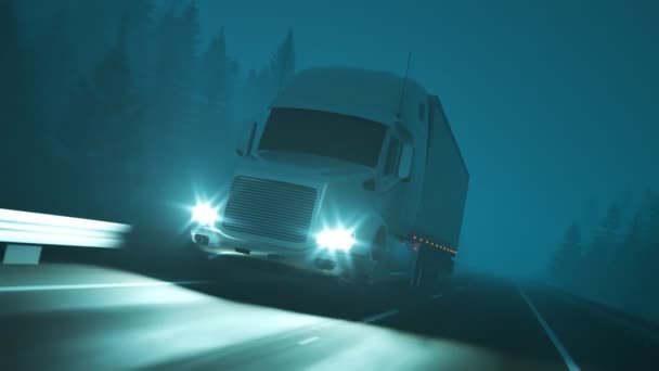 Ciężarówka Przyczepą Jadąca Przez Las Mglistą Noc Stylizowana Animacja Pętlowa — Wideo stockowe