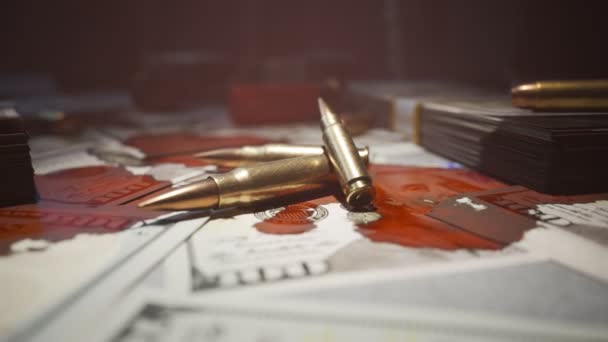Few Carabine Bullets Lying Mafia Table Covered Countless Dollar Bills — Stock Video
