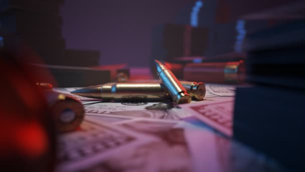 Shiny 在黑手党的桌子中间有全新的子弹大量的美元钞票堆积起来 此外还有黑帮犯罪的财富和致命的武力 霓虹灯和蓝灯照亮现金 4Khd — 图库视频影像