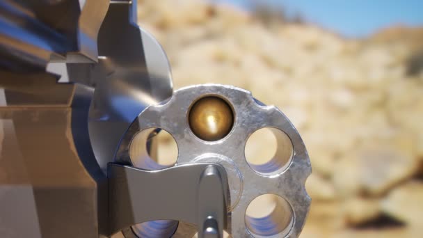 Single Shiny Golden Bullet Loaded Old Revolver Gun Cylinder Rotated — Stock Video