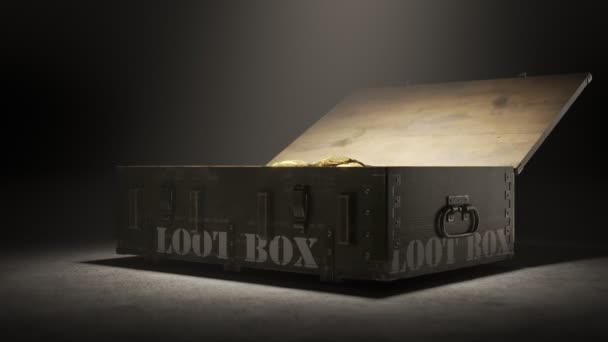 光沢のある金貨でいっぱいの木製のルートボックスのアニメーション ヴィンテージの容器は通常輸送弾薬や花崗岩に使用されます 軍隊は貴重な貨物を積み重ねている 財務省の輸送 4Kについて — ストック動画